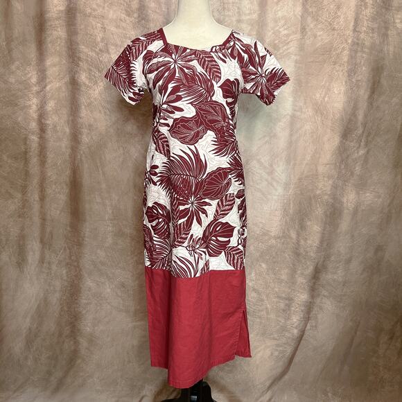 Hand Made Short Sleeve MuuMuu Dress Midi Floral Foliage Red White Short Sleeve - Picture 7 of 7